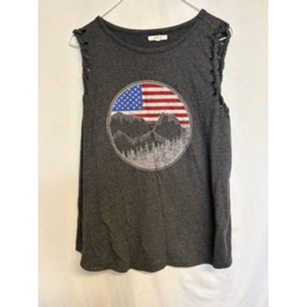 Maurices Womens 0X Charcoal Gray American Flag Mountain Graphic Braided Tank Top